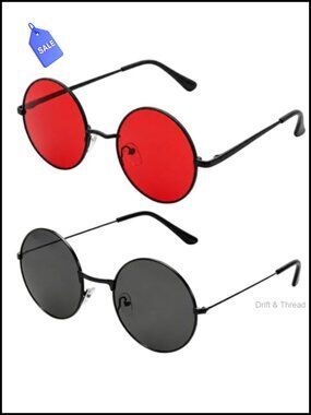 2Pcs Small Round Sunglasses Retro Hippie Circle Metal Alloy Frame UV Protection